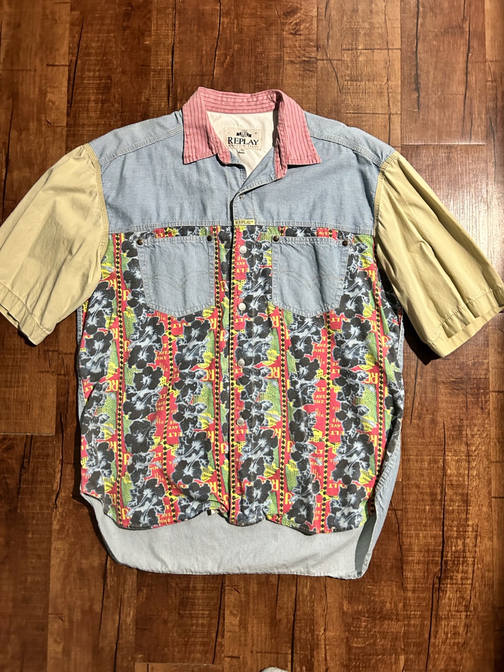 Colorful Patchwork Button-Up Shirt with Floral Stripes